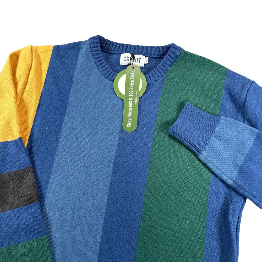 OXKNIT Sweater Mens M Blue Green Yellow Retro 60s 70s Colorblock Striped Crew